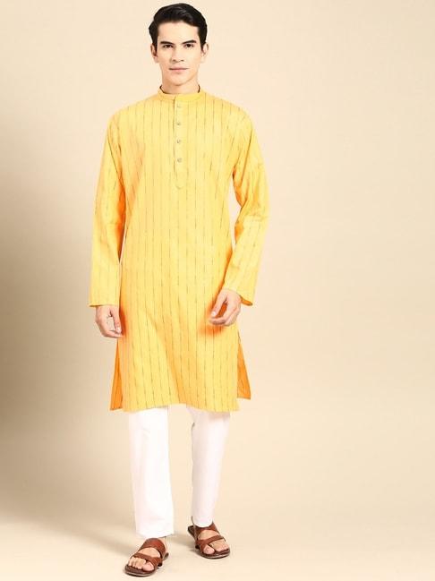 manq-yellow-&-white-pure-cotton-regular-fit-striped-kurta-bottom-set