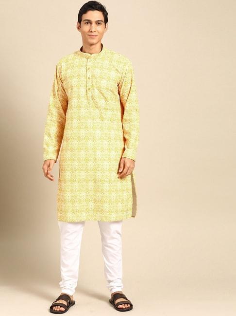 ManQ Yellow & White Pure Cotton Regular Fit Embroidered Kurta Bottom Set