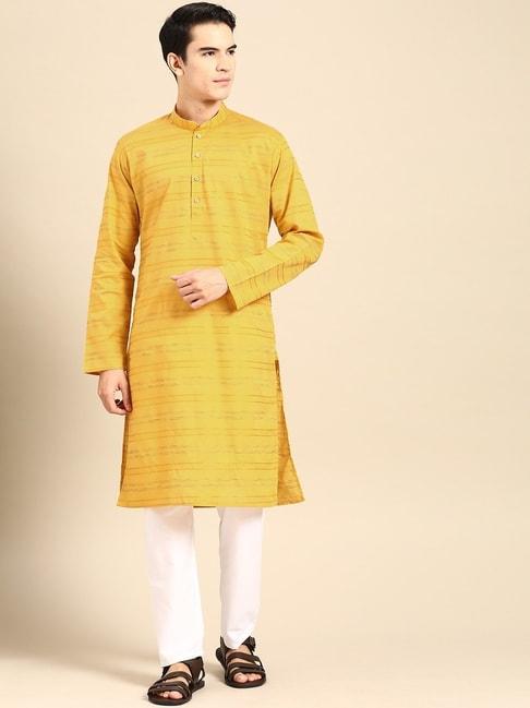 manq-yellow-&-white-pure-cotton-regular-fit-striped-kurta-bottom-set