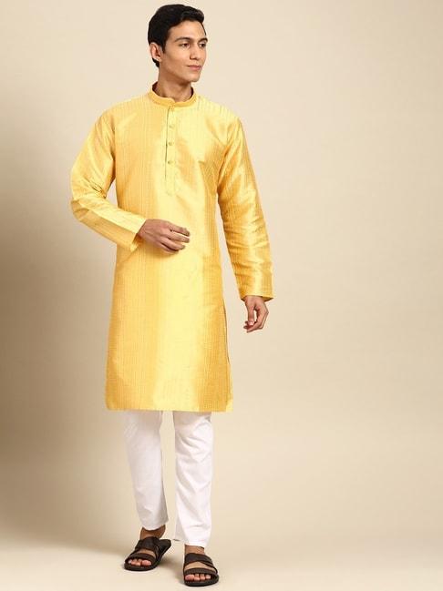 ManQ Yellow & White Regular Fit Printed Kurta Bottom Set