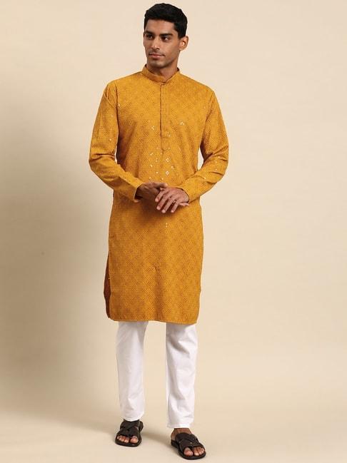 manq-yellow-&-white-regular-fit-embroidered-kurta-bottom-set