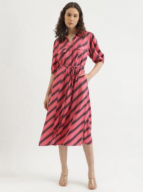 united-colors-of-benetton-pink-&-black-striped-wrap-dress