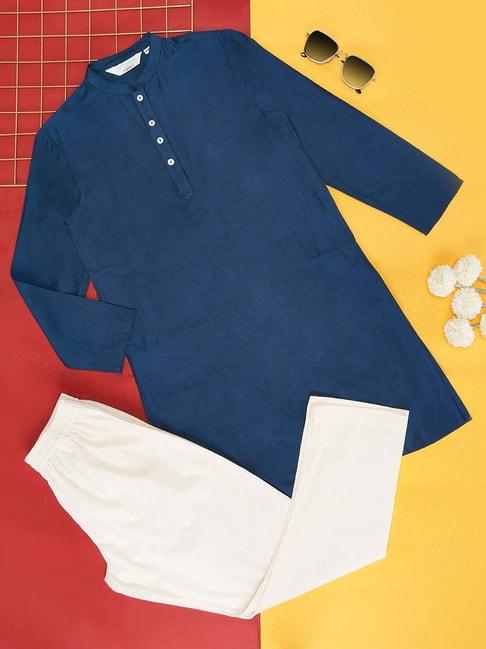 indus-route-by-pantaloons-kids-blue-&-white-regular-fit-full-sleeves-kurta-set