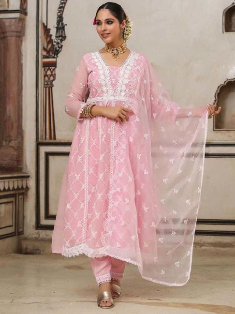 SCAKHI Pink Embroidered Kurta Pant Set With Dupatta