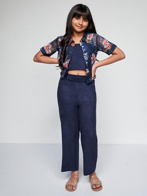 AND girl Navy Floral Print Shirt, Inner with Trousers