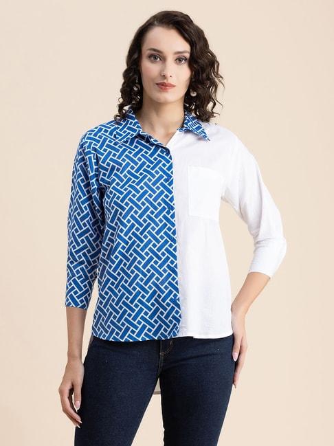 Moomaya Blue & White Cotton Printed Shirt