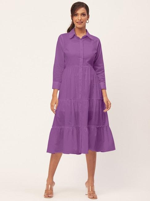 Moomaya Purple Cotton Regular Fit Shirt Dress