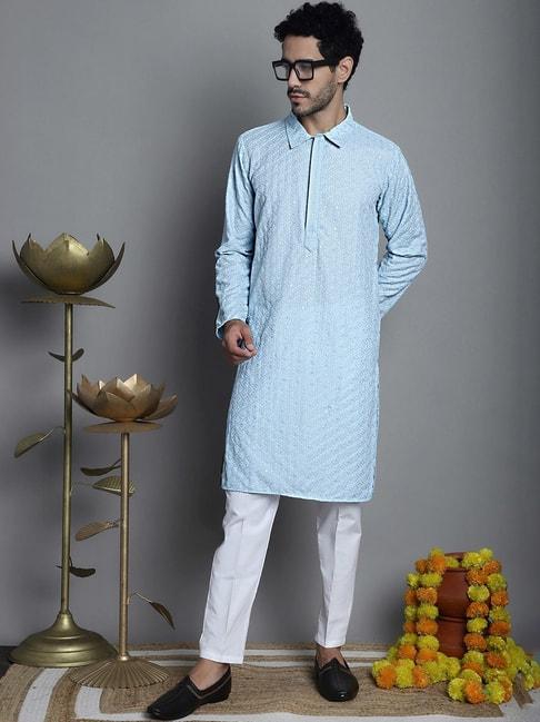 jompers-sky-blue-&-white-regular-fit-chikankari-embroidered-kurta-&-pyjamas-set