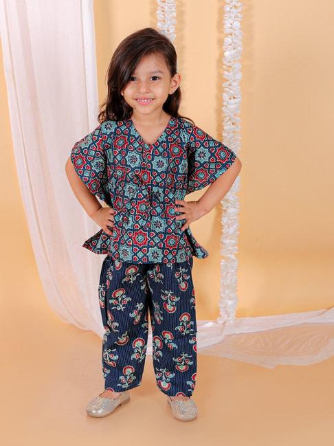 The Mom Store Kids Blue & Red Floral Print Kaftan Top with Pants