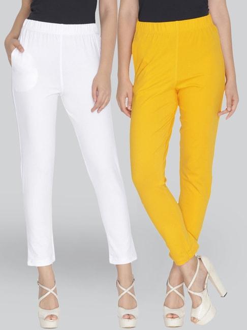 Lyra Yellow & White Cotton Leggings - Pack Of 2
