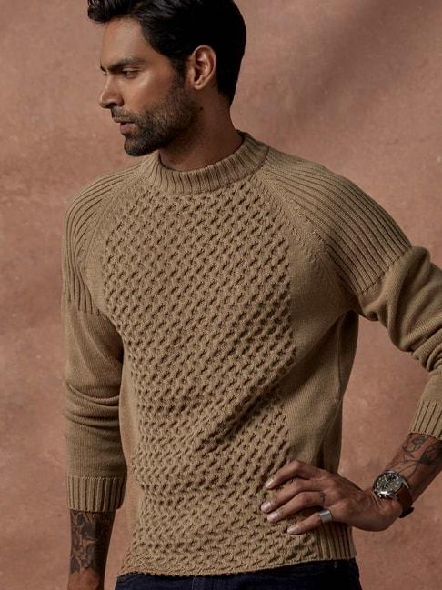 Andamen Khaki Cotton Regular Fit Self Pattern Sweater