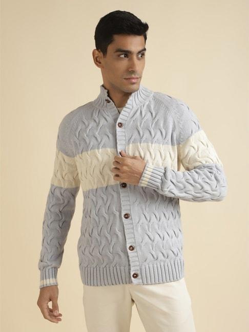 Andamen Grey & White Cotton Regular Fit Self Pattern Cardigan