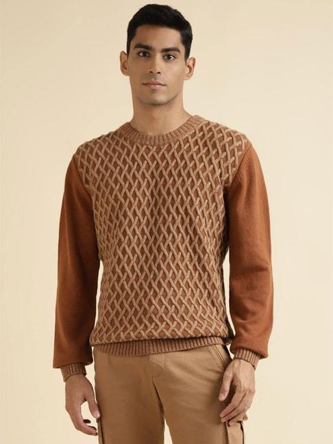 andamen-brown-cotton-regular-fit-self-pattern-sweater