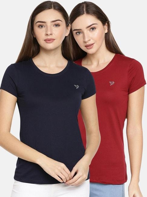 TWIN BIRDS Navy & Maroon Cotton Logo Print T-Shirt - Pack Of 2