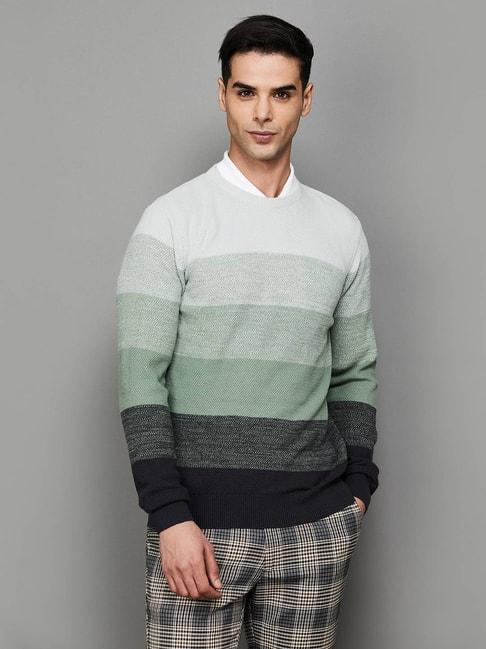 code-by-lifestyle-green-&-white-cotton-regular-fit-colour-block-sweaters