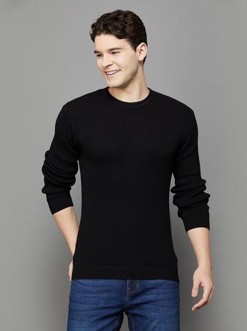 fame-forever-by-lifestyle-black-cotton-slim-fit-self-pattern-sweaters