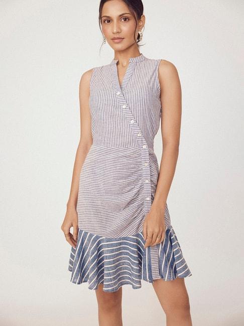 The Label Life White & Blue Striped Wrap Dress