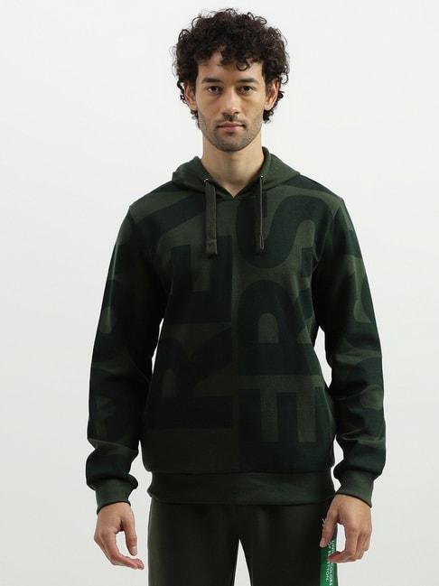 United Colors of Benetton Dark Green Cotton Regular Fit Printed Hooded Sweatshirt