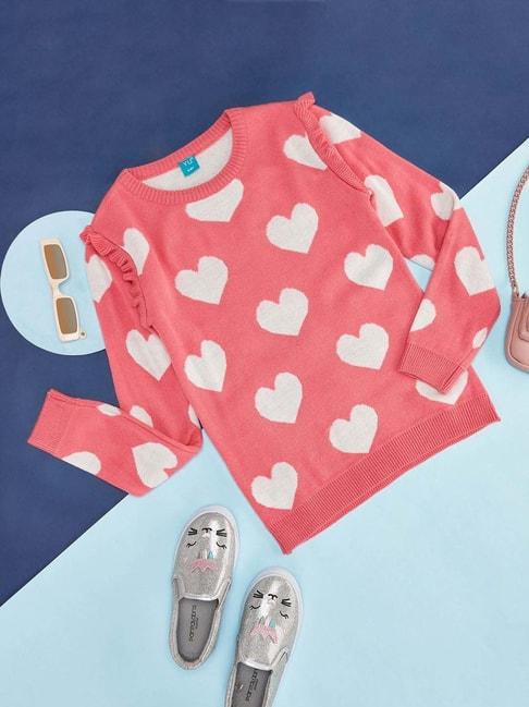 YU by Pantaloons Kids Pink & White Printed Full Sleeves Sweater