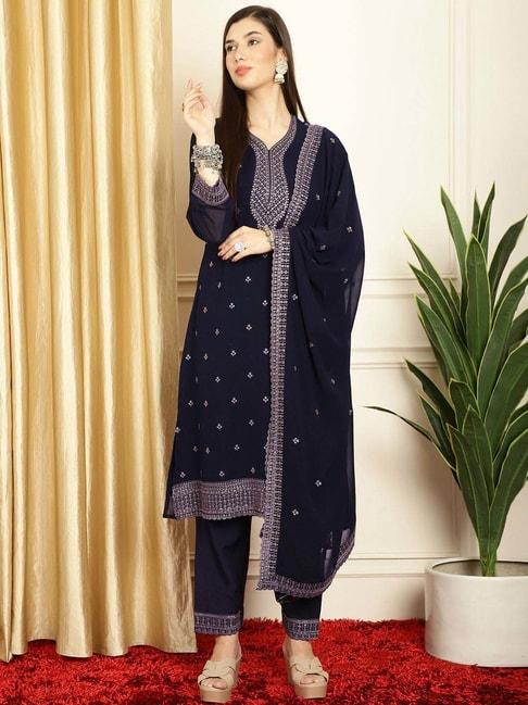 Stylee LIFESTYLE Navy Embroidered Unstitched Dress Material