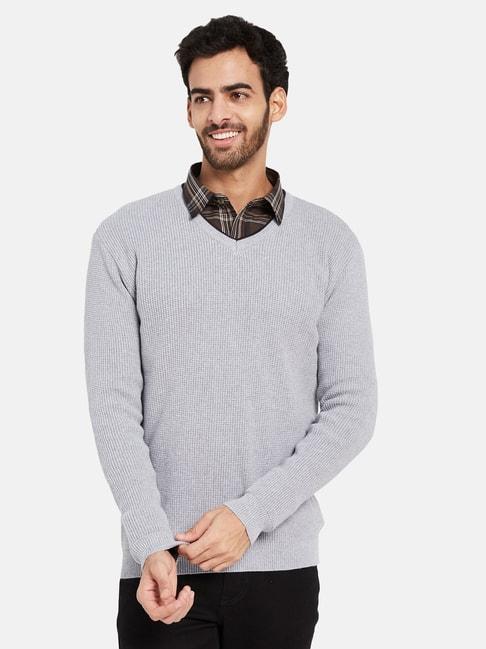 METTLE Grey Melange Regular Fit Self Design Sweater