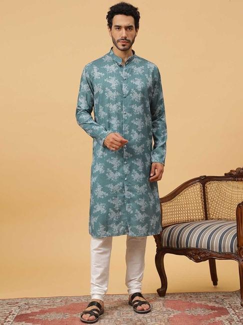 tabard-teal-&-white-regular-fit-embroidered-kurta-&-churidar-set