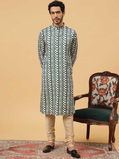 tabard-green-&-beige-regular-fit-embroidered-kurta-&-churidar-set