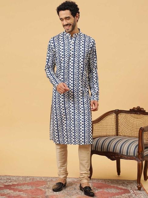 tabard-blue-&-beige-regular-fit-embroidered-kurta-&-churidar-set