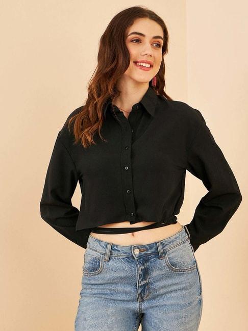 Rare Black Regular Fit Shirt Style Crop Top