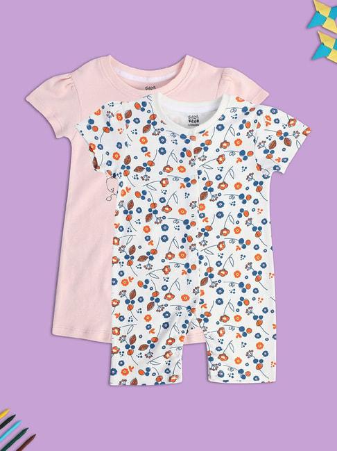 MINIKLUB Kids Peach & Blue Floral Print Romper (Pack Of 2)