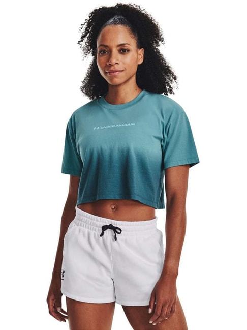 UNDER ARMOUR Blue Cotton Color-Block Sports Crop T-Shirt