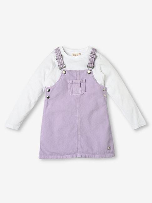 Ed-a-Mamma Kids Purple & White Solid Full Sleeves T-Shirt with Dungaree Dress