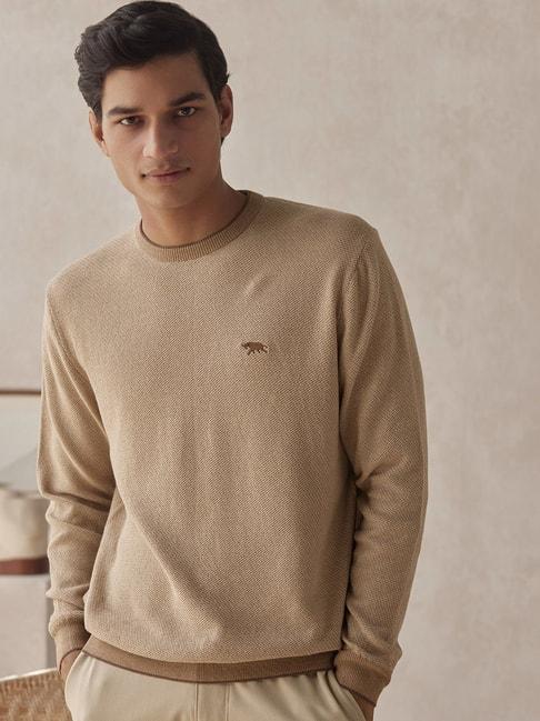 ANDAMEN Light Khaki Regular Fit Textured Cotton Sweater