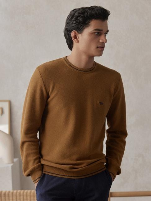 ANDAMEN Brown Regular Fit Textured Cotton Sweater