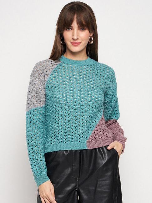 MADAME Sea Green Self Design Sweater