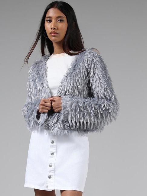 Nuon by Westside Solid Grey Fur Cardigan