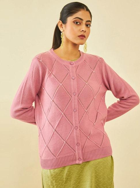 Soch Pink Acrylic Pearl Embellished Diamond Pattern Knitted Cardigan