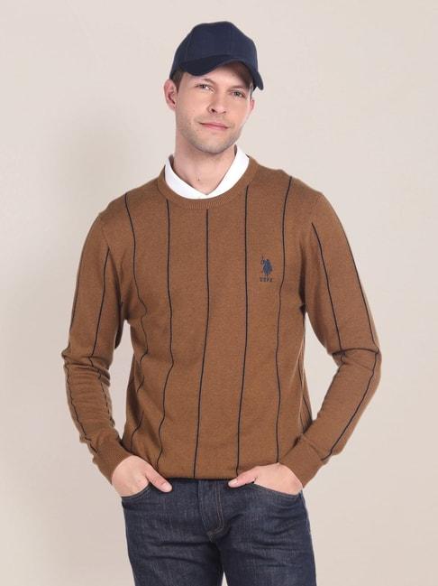 U.S. Polo Assn. Brown Cotton Regular Fit Striped Sweater