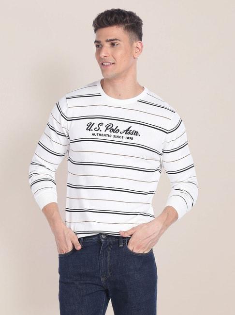 U.S. Polo Assn. White Cotton Regular Fit Striped Sweater