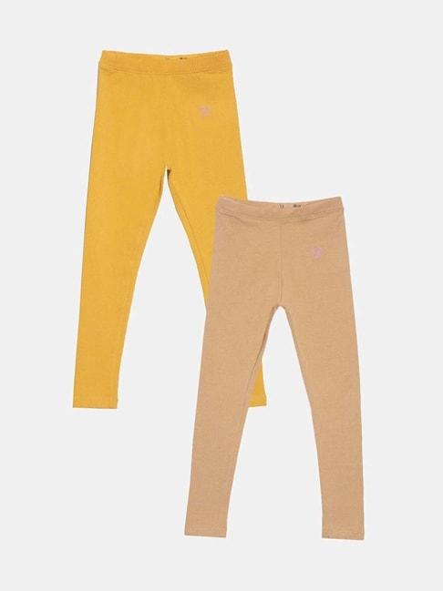 twin-birds-kids-yellow-&-beige-cotton-regular-fit-leggings-(pack-of-2)