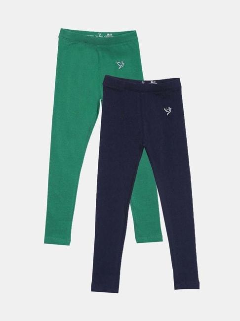 TWIN BIRDS Kids Green & Navy Cotton Regular Fit Leggings (Pack of 2)