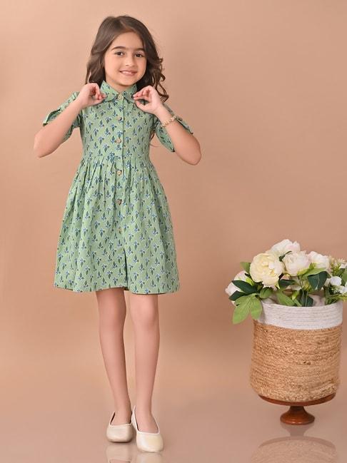 LilPicks Kids Light Green Floral Print Shirt Dress