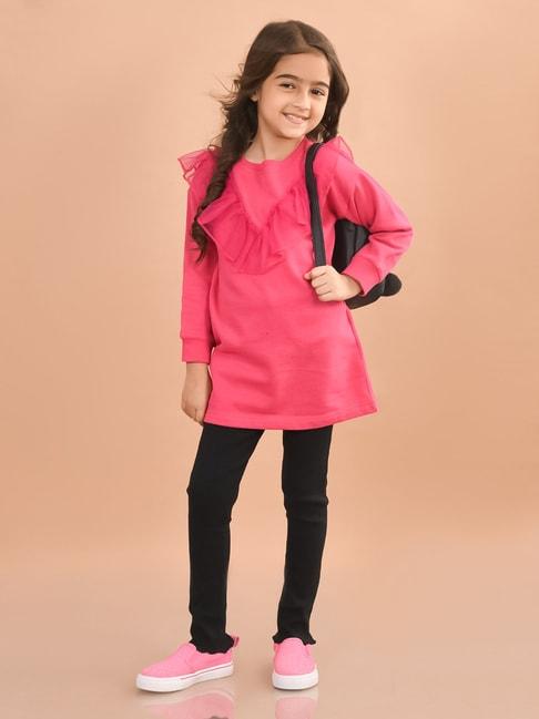 LilPicks Kids Pink & Black Solid Full Sleeves Sweater with Leggings