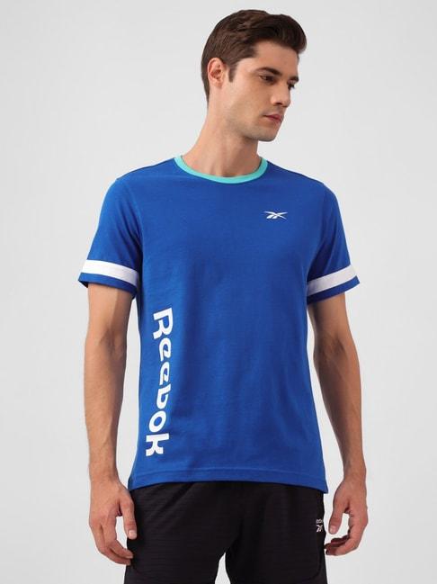 Reebok Blue Cotton Regular Fit Printed T-Shirt