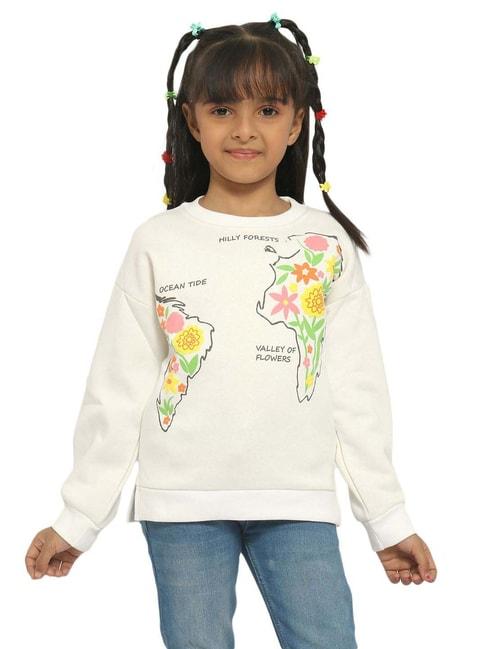 Nauti Nati Kids White & Green Floral Print Full Sleeves Sweatshirt