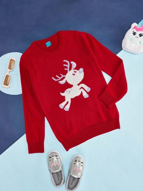YU by Pantaloons Kids Red & White Printed Full Sleeves Sweater