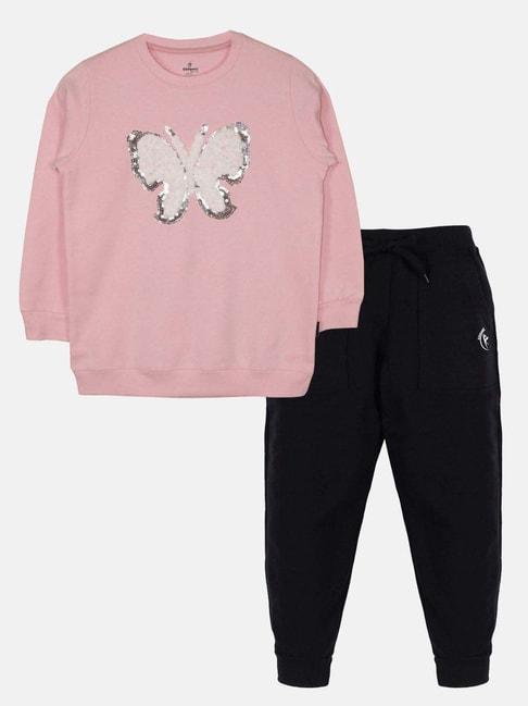 Kiddopanti Kids Baby Pink & Jet Black Embellished Full Sleeves Sweatshirt Set