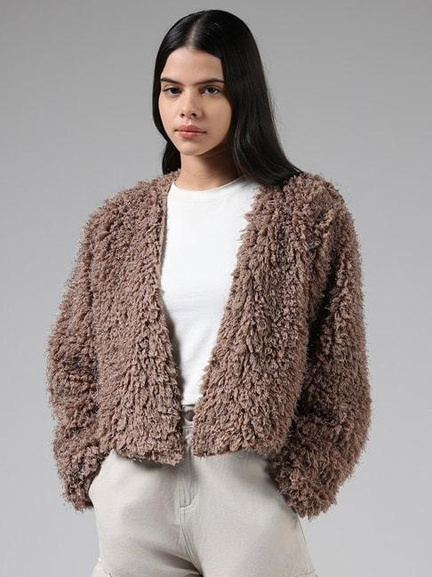 Nuon by Westside Brown Plush Fur Crop Cardigan