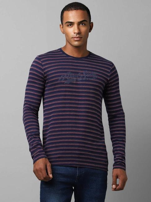 Allen Solly Jeans Navy Blue Cotton Regular Fit Striped T-Shirt