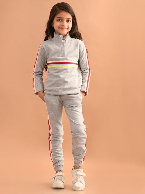 LilPicks Kids Grey Melange Striped Full Sleeves Sweatshirt with Joggers